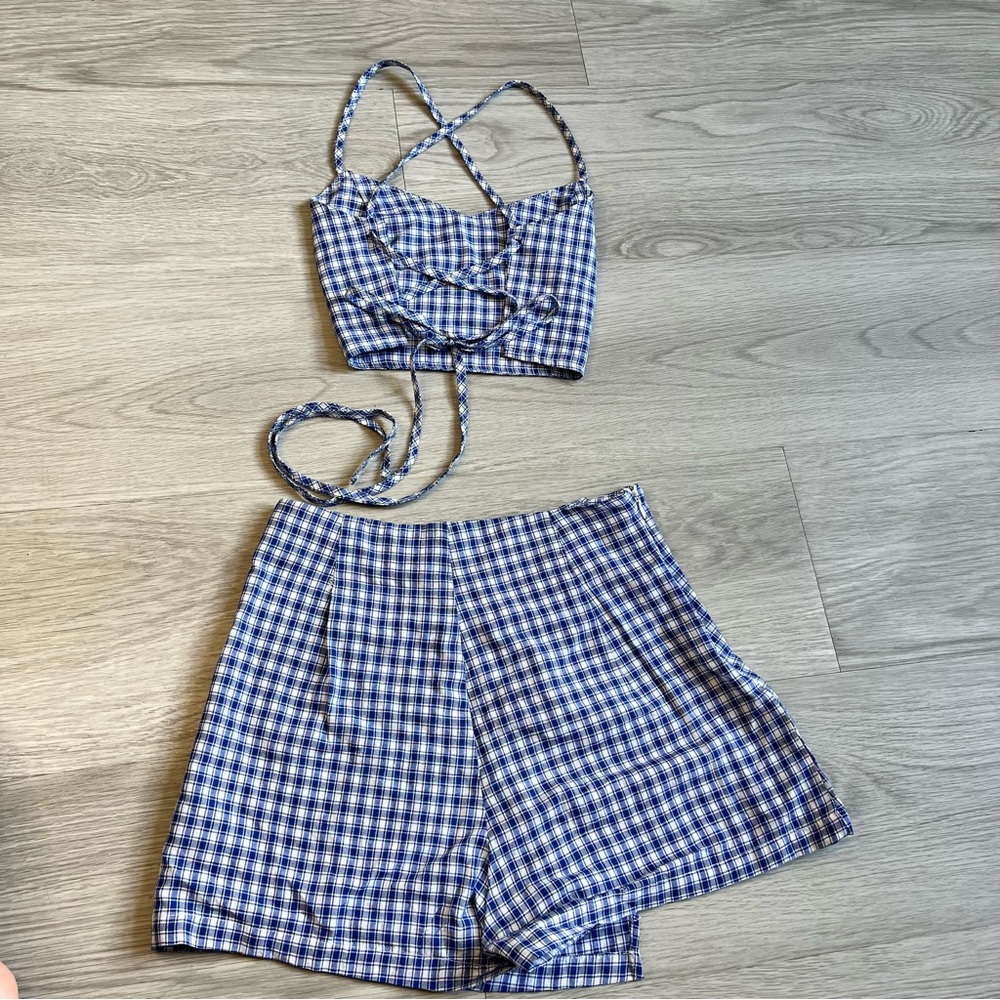 Worn once, SHEIN, XS, blue plaid, two piece crop top skirt/short.